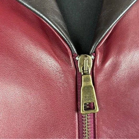 VINTAGE 90S PERUZZI CHERRY RED BLACK WAIST TIE ZIP UP ITALIAN LEATHER JACKET